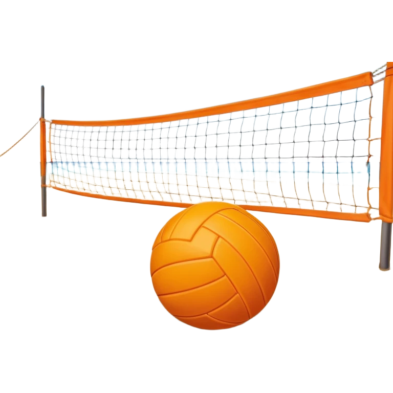 A volleyball resting on the sand on a beach, with the net in the background and a scenic view of the ocean and sky. The scene captures the relaxed yet competitive vibe of beach volleyball, with warm sunlight and the natural beauty of the beach. emoji