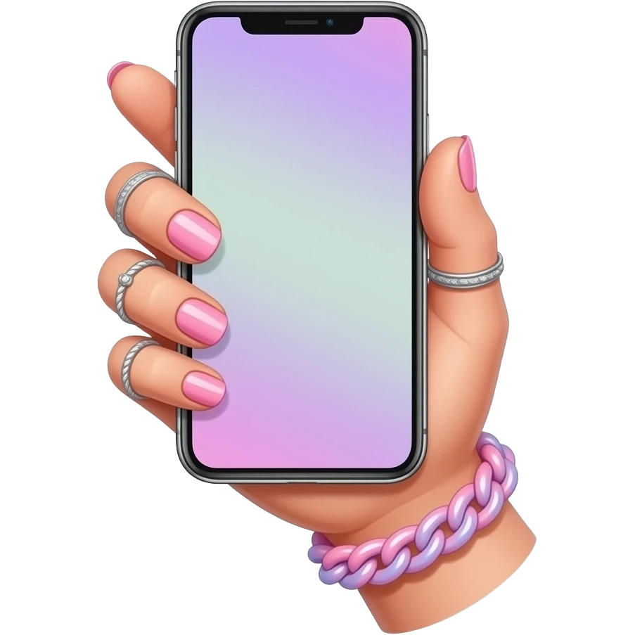 cute girls hand with pastel and pink modern y2k nails, rings, and accessories. holding iphone with screen upwards emoji