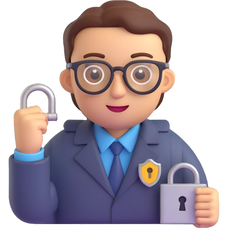 security engineer emoji, wearing glasses, holding a lock, techy background emoji