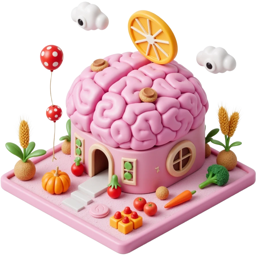 Exterior view of a surreal brain-shaped farm built on a small square platform, pastel-colored buildings shaped like candy neurons, wheat and vegetables growing from soft cloud-like soil, floating eyes and abstract shapes in the background, dreamcore aesthetic, no robots, emoji-style emoji