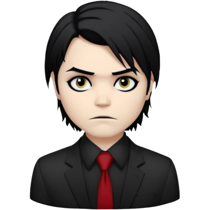 Gerard Way (Revenge Era)
Round, simplified emoji style
Pale skin tone dark eyes
-black, shoulder-length hair messy and emo
Heavy eyeliner and shadow under the eyes
Subtle serious face
Hint of red tie visible on black button up shirt.
Transparent background. Black eyeliner. Messy emo hair emoji
