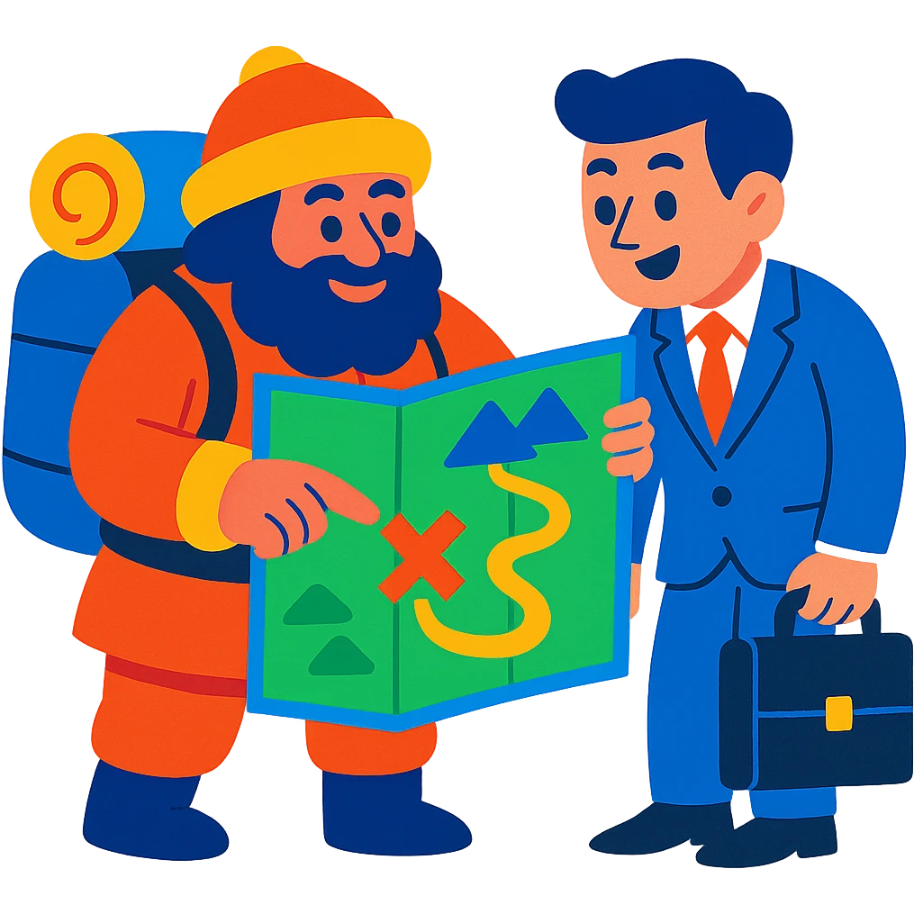 vibrant toon style sherpa showing a businessperson a map, energetic colors emoji