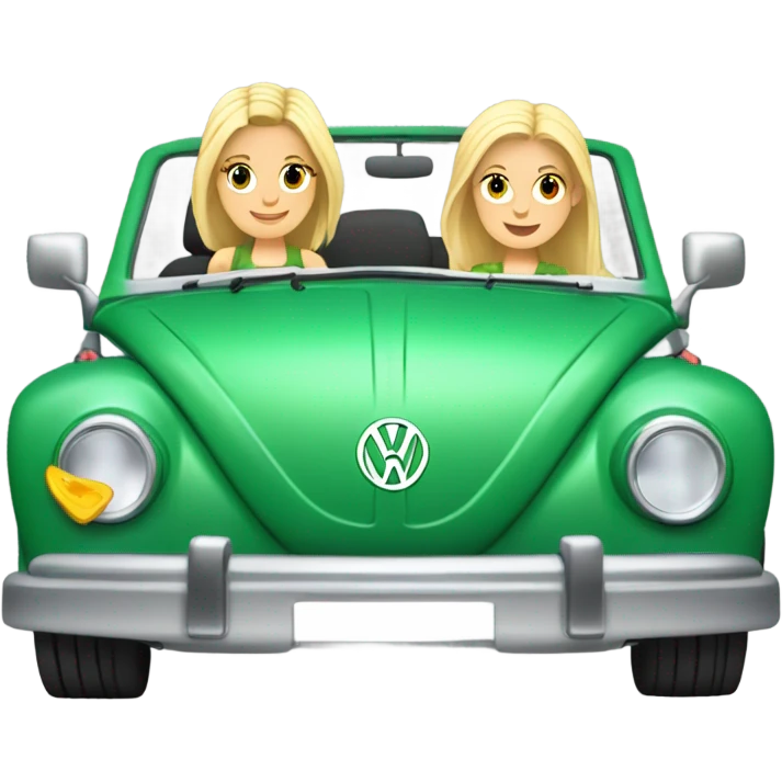 Two Caucasian blonde girls and two Caucasian brunette girls driving a green volkswagen convertible emoji