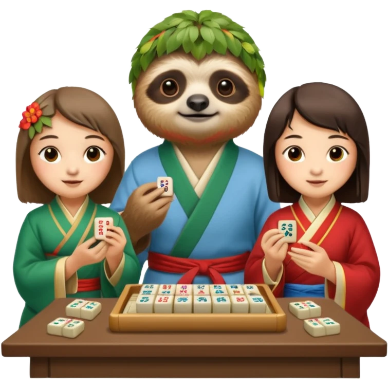 A sloth playing mahjong with two Chinese emoji