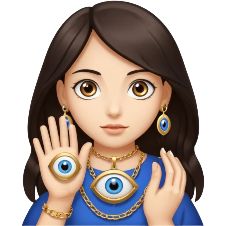 A girl with dark brown hair is holding a huge evil eye amulet in her hand. emoji