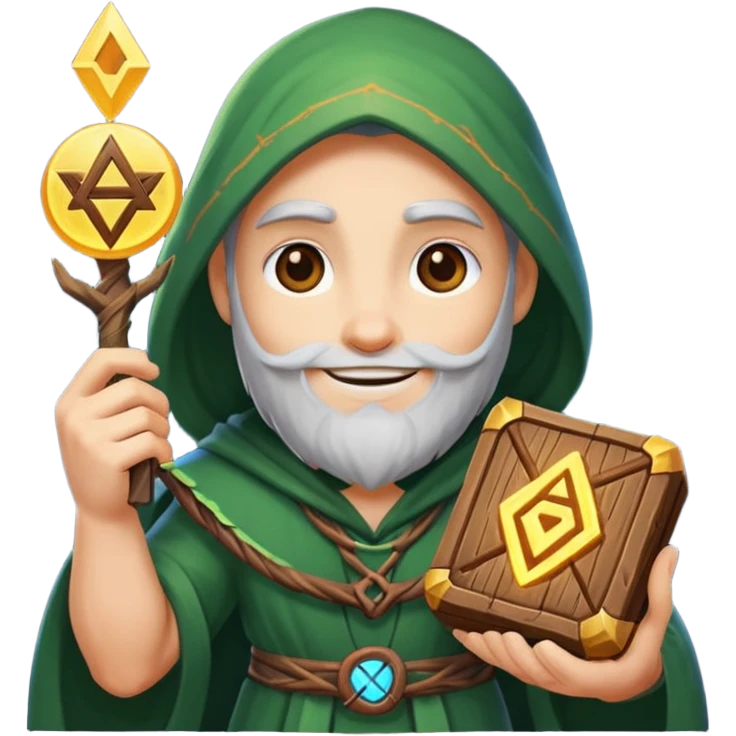 druid character satisfied smile holding glowing rune emoji