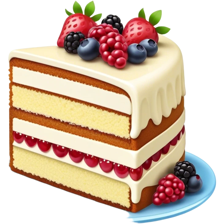 Cinematic luxurious slice of cake, delicate layers of moist sponge and rich frosting, beautifully decorated with fresh berries and a glossy glaze, soft glowing light, elegant and indulgent. emoji