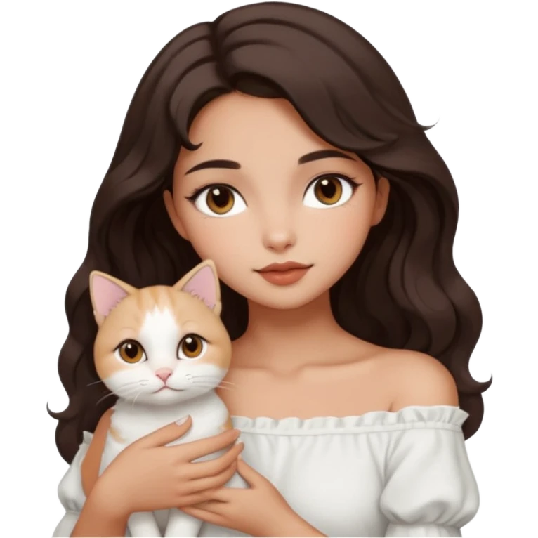 aesthetic girl with warm tan skin tone, doe-shaped dark brown eyes, softly arched eyebrows, round face, off-shoulder length 2b wavy hair, full lips, holding a white cat emoji