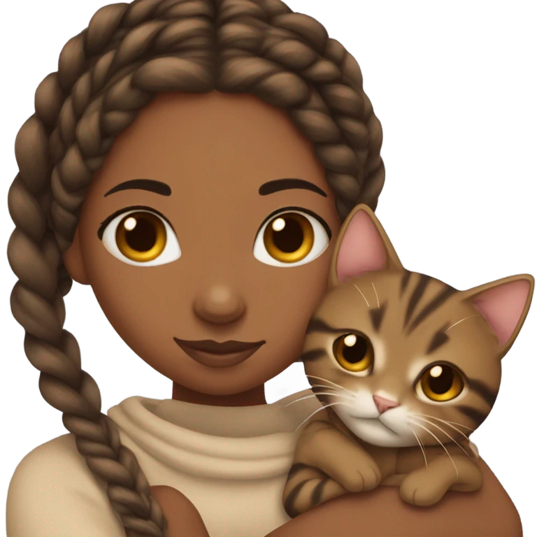 black girl with box braids girl snuggling brown tabby cat emoji