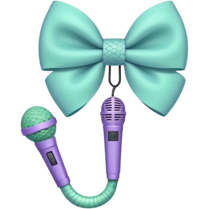 A pastel blue bow with a pastel a pastel green snake at the top of one side and a pastel purple microphone on the bottom of the other side of the bow emoji