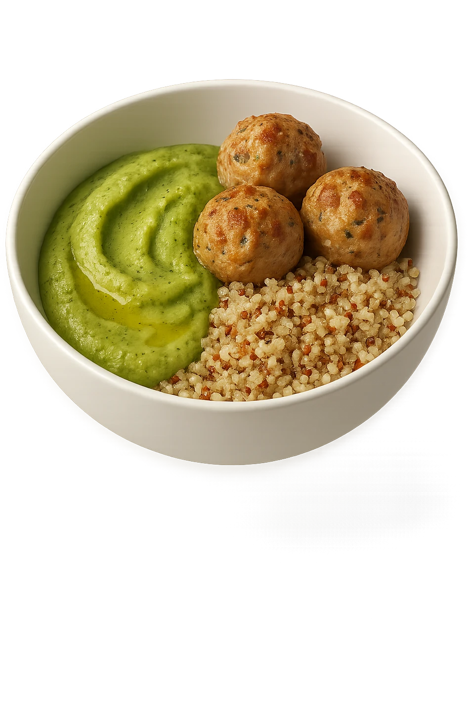 bowl bianca fluttua in aria con polpette di tacchino, purè di zucchine, quinoa e olio di oliva, iperrealistico 4k emoji