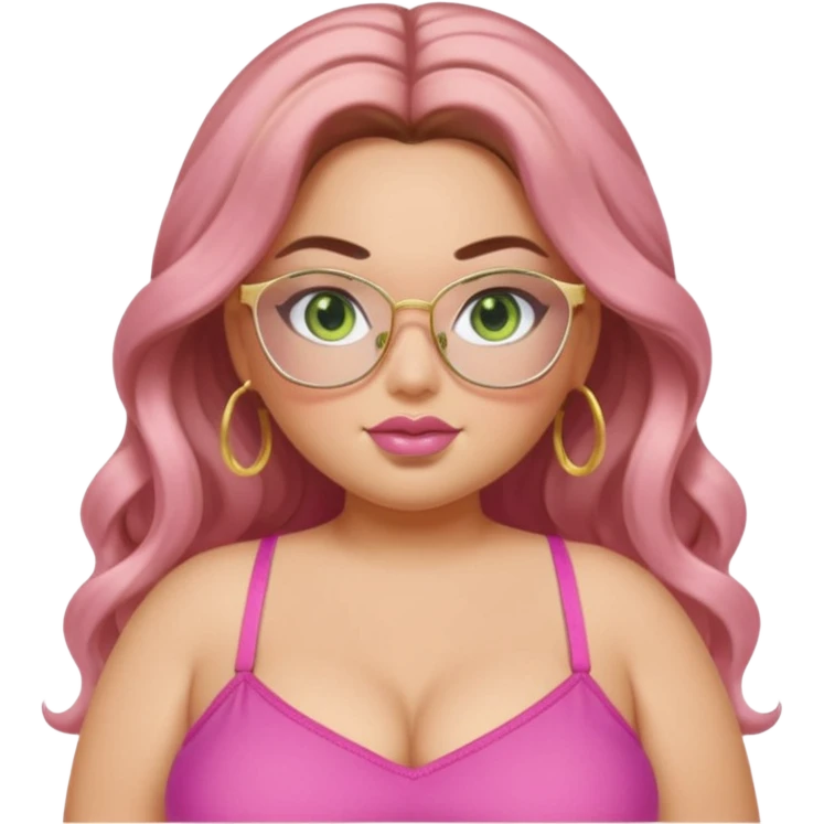 Baddie bratz girl with middle parted long wavy brown hair. green eyes. Plus size. pink spaghetti strap top. Gold rimmed glasses emoji
