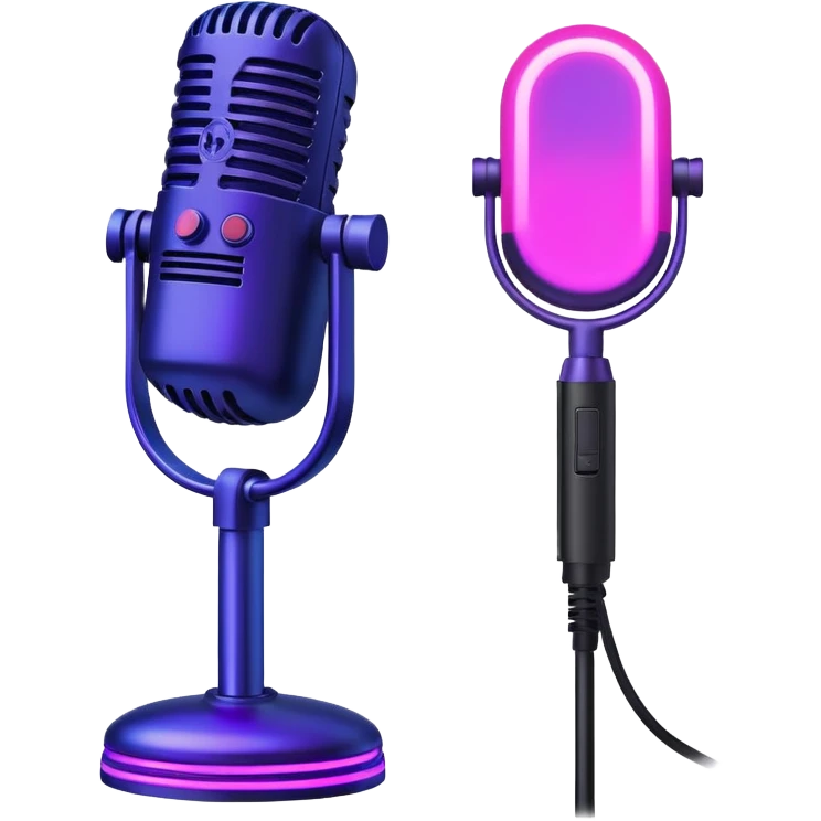 desktop studio microphone with neon glow effect, blue and purple neon glow on top left, pink neon glow on bottom right emoji