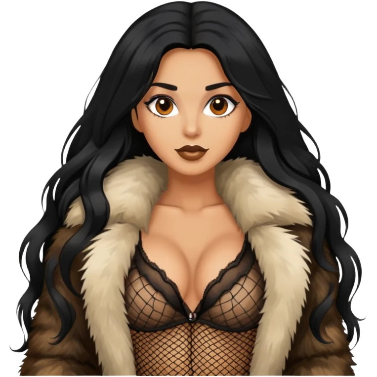 fur coat and fishnets legs, black long hair tanned woman  emoji