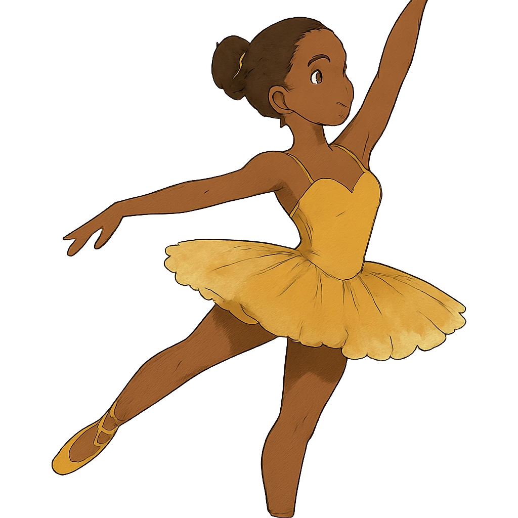 ghibli style dark-skinned ballerina wearing golden outfit emoji