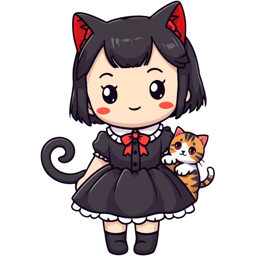 girl wearing black Lolita style dress, with medium-length black hair with red tips, and an American Shorthair tabby cat emoji