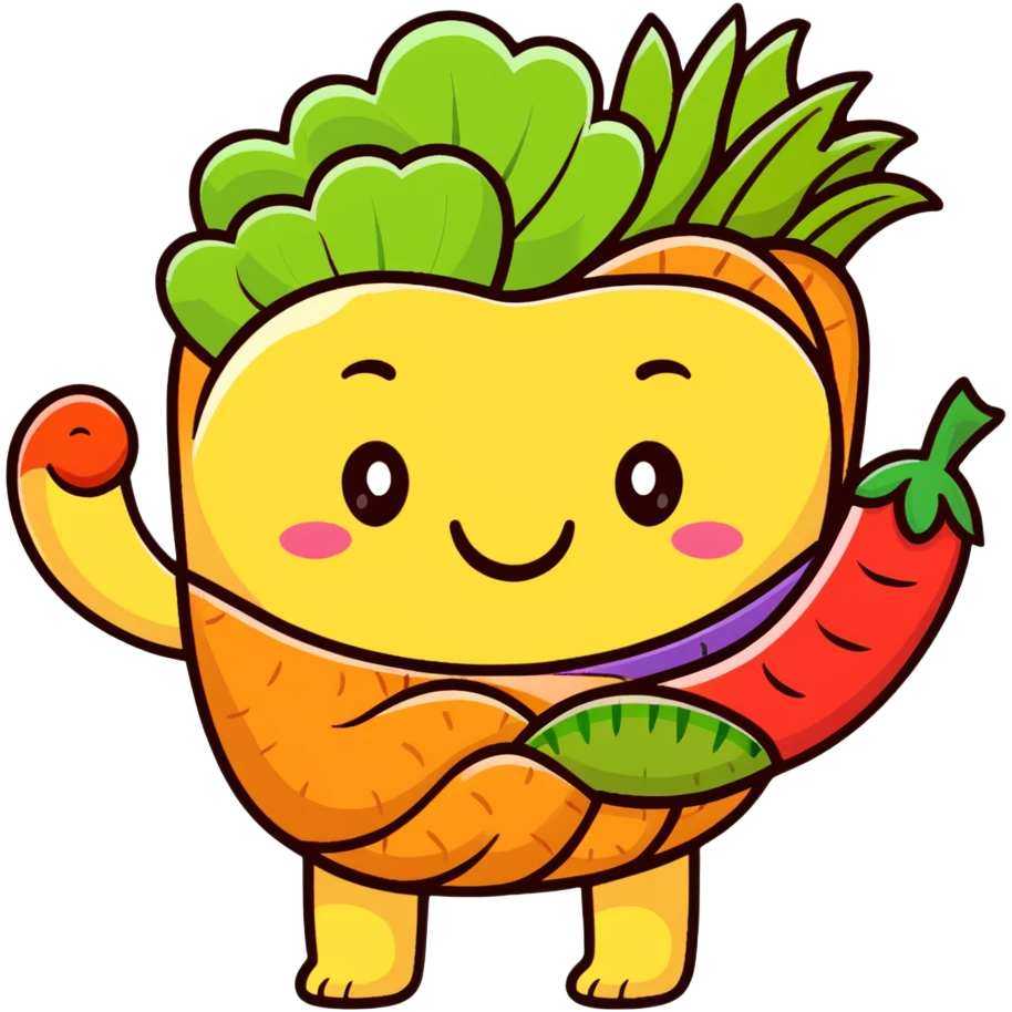 Cute cartoon representation of dietary fiber with happy vegetables, fruits, and whole grains linked by fibrous strands, with a smiling intestine character showing improved digestive health emoji