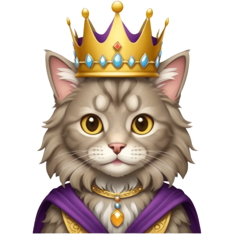 Fluffy grey and tan maincoon cat dressed like the queen of England emoji