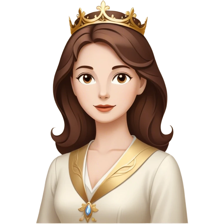Cinematic Majestic Belle Portrait Emoji, rendered in a clean, vector-style with bold, simplified shapes. Show Belle with a serene, noble expression, fair skin and gracefully styled brown hair, her classic attire refined and understated. The design radiates a majestic, enchanting glow with high shine and a soft glowing outline, embodying royal elegance. emoji