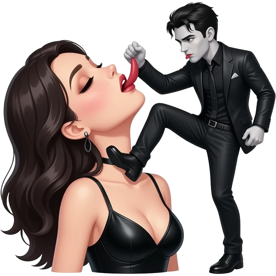 Sexy gothic man licking sexy gothic woman with her head tilted back neck. He is kicking her neckFantasy emoji