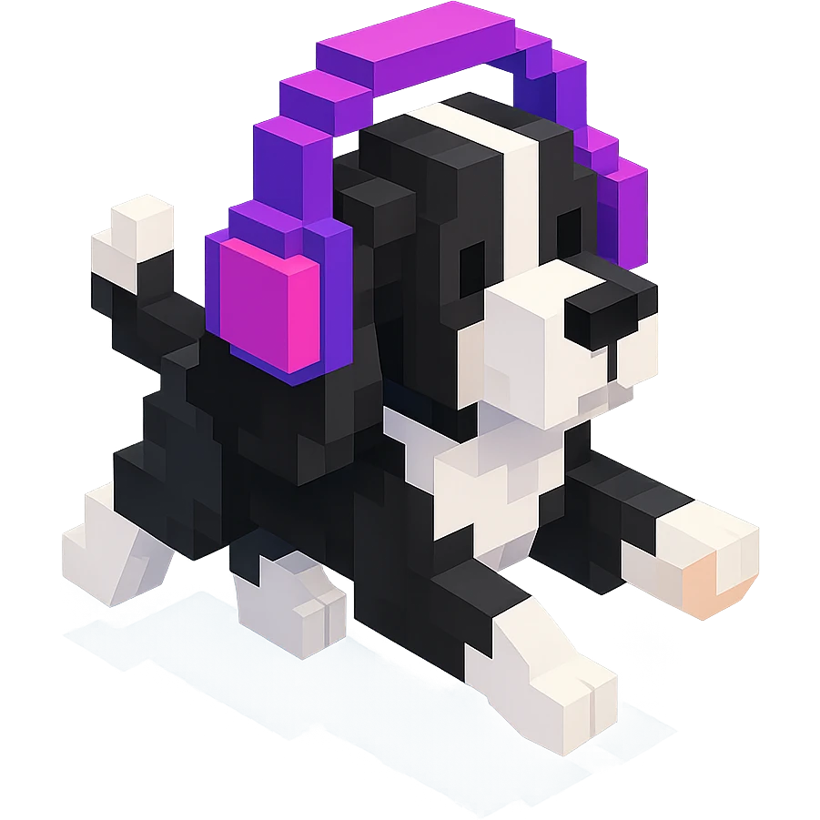black and white Russian Cocker Spaniel puppy wearing headphones, running pose emoji