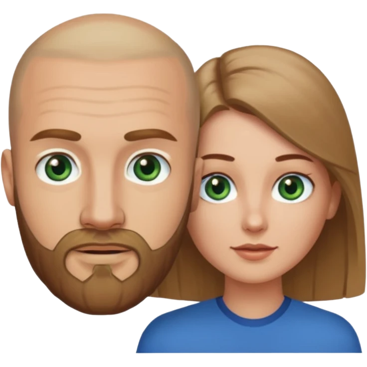 Man on left with shaved head with dark blonde beard and blue eyes and woman on the right with long brown hair green eyes  emoji