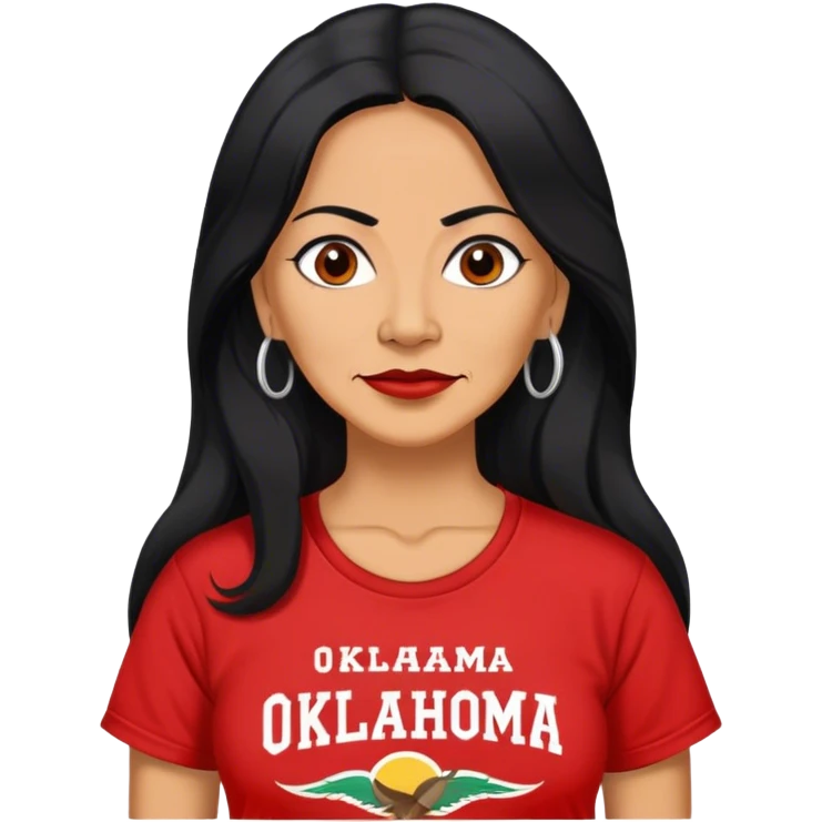 50 year old Mexican woman long hair in a red “OKLAHOMA” t-shirt emoji