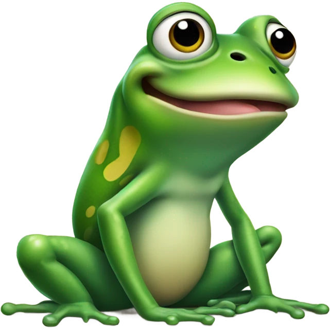 Frog sitting face front on his leg with his tongue whipped out to catch a little fly emoji