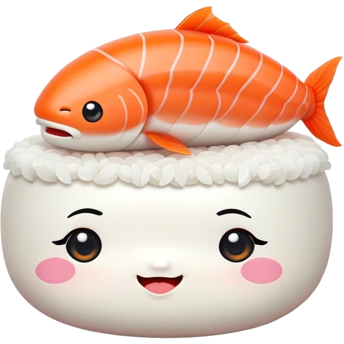 Cute Kawaii Nigiri Sushi, plump and happy, a soft white rice pillow topped with bright orange salmon, tiny blushing cheeks, big round eyes, a joyful floating expression! emoji