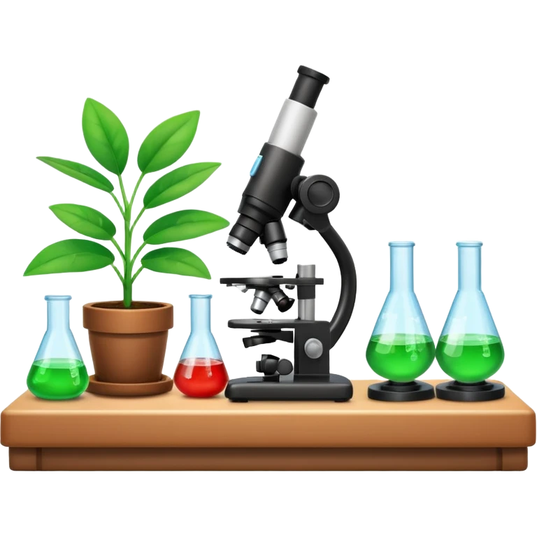 FA 3D cartoon science lab table with test tubes, microscope, and a small potted plant, green leaves under bright light, clean background, realistic Memoji-style rendering. emoji