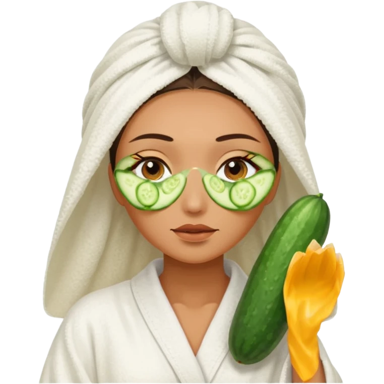 woman at the spa with cucumbers slices covering her eyes and tan skin tone with towel completely covering hair and robe on no hands showing emoji