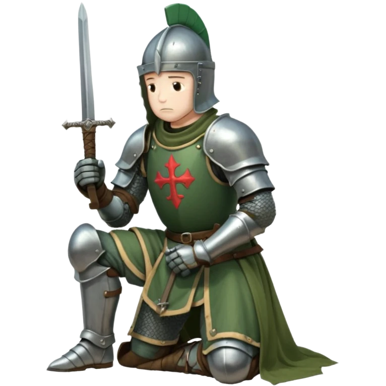 A lone medieval knight in a green worn armor kneels. His helmet is closed, hiding his face, conveying silence, exhaustion and contemplation. A long sword is planted in the ground beside him, its hilt resting near his gloved hands as if he is praying or resting after battle. emoji