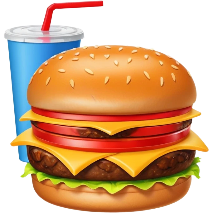 A clean and simple icon of fast food in emoji-style illustration. A burger with fries and a soda cup, bright and bold colors, simple shapes, flat design, high contrast, inviting and appetizing. emoji