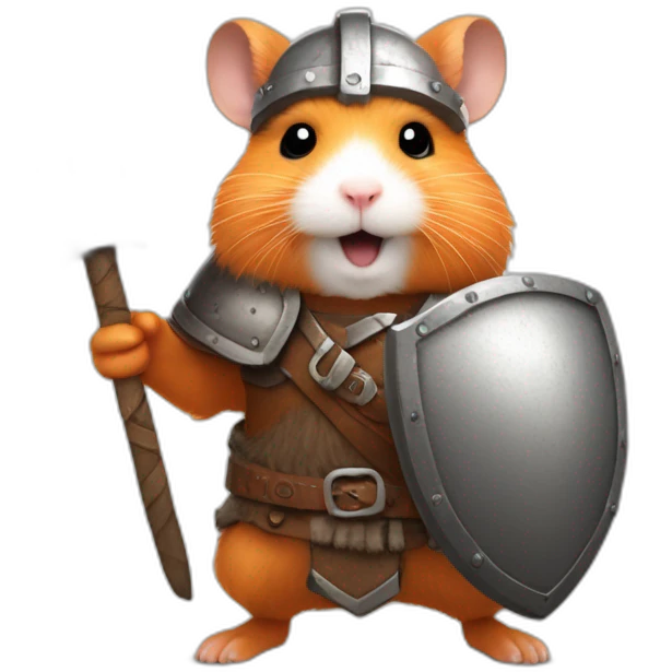 A joyful (((Orange Hamster))) dressed as a ((Viking)), with a warm expression and a defensive posture, ready to engage with a shield drawn emoji
