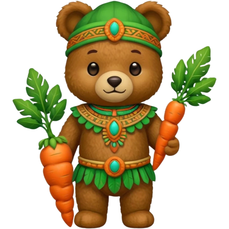 teddy bear, wearing green mayan ancient custome, with carrot half body emoji