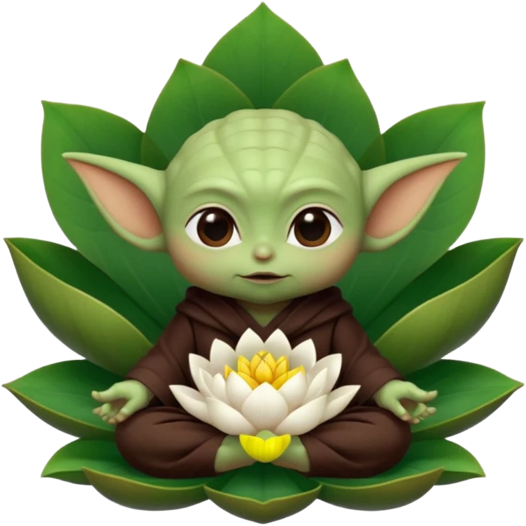 Baby Yoda con su tunica chocolate oscuro sentado dentro de una flor de loto emoji