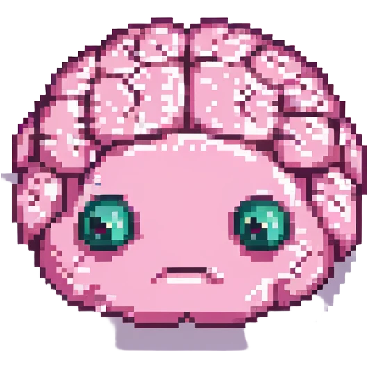 16-bit pixel art of a pink brain-shaped blob with sad droopy eyes and downturned mouth, smooth rounded brain texture, simple retro gaming style emoji