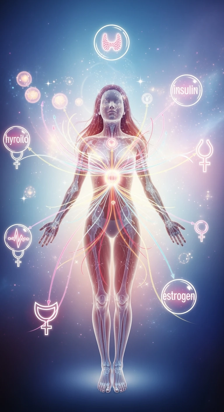  Il corpo è circondato da simboli delicati e bilanciati che rappresentano equilibrio ormonale e metabolico: piccoli cerchi, flussi energetici colorati, simboli stilizzati di tiroide, insulina, estrogeni. Pelle radiosa, postura aperta e rilassata. emoji