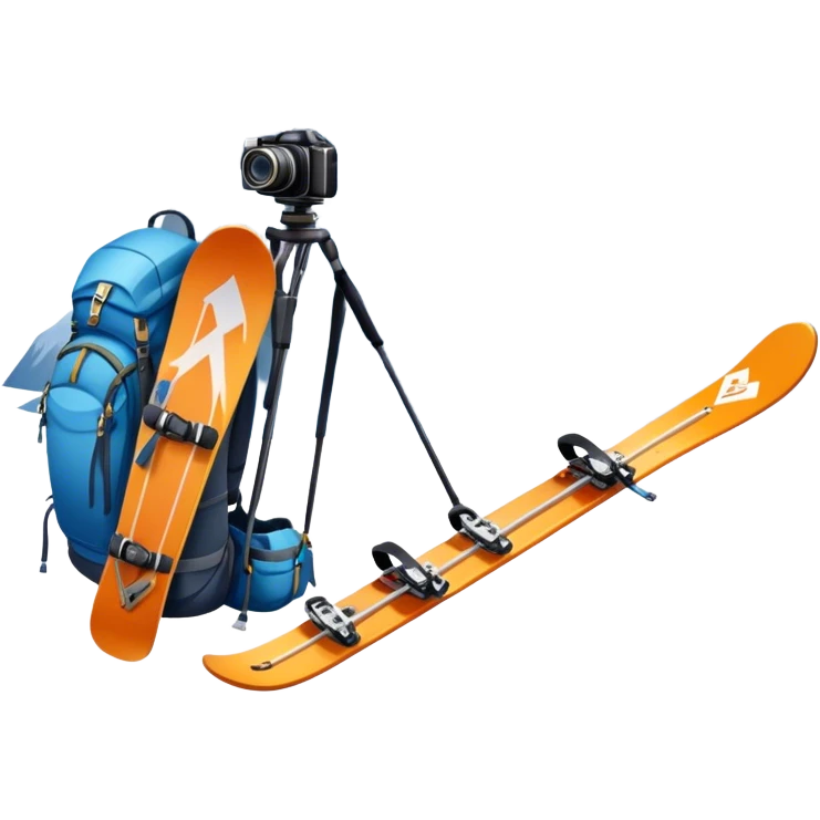 Icon for Mountain Tourism: a distant snow-capped mountain peak with skis, a snowboard, an ice axe, a backpack and a camera. The icon should convey the spirit of adventure and exploration in the mountains. Transparent background. emoji