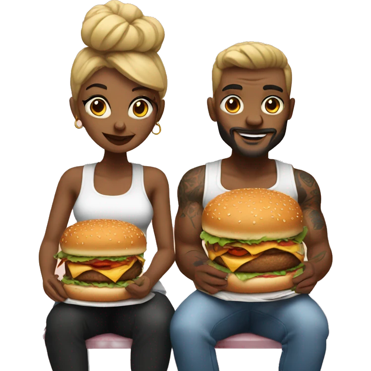 Beautiful tattooed couple eating burgers emoji