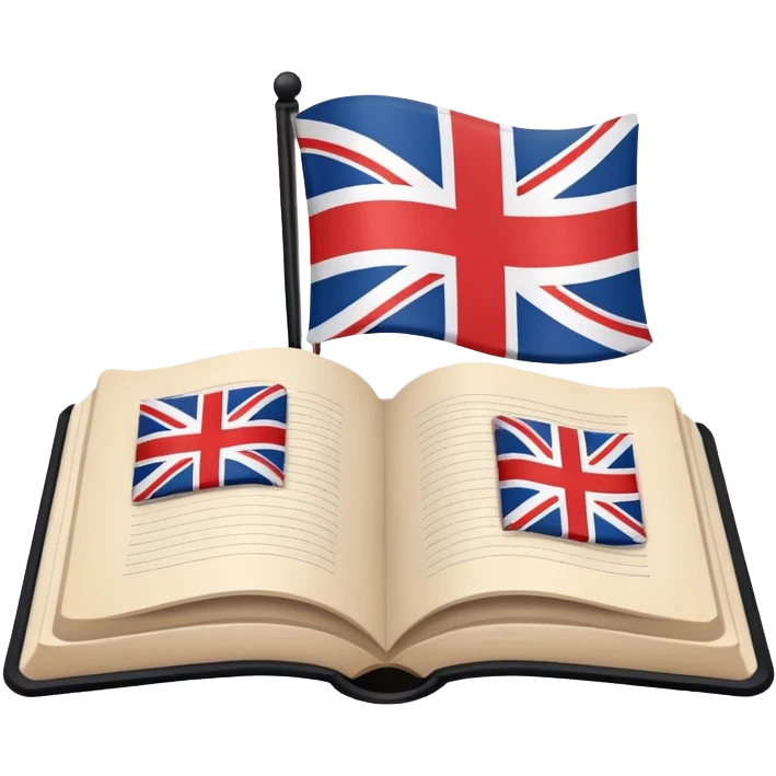 Minimalistic flat vector icon, iOS style, thin black contour on white background. Open book with a small UK/USA flag symbol. No text, no shadows. emoji