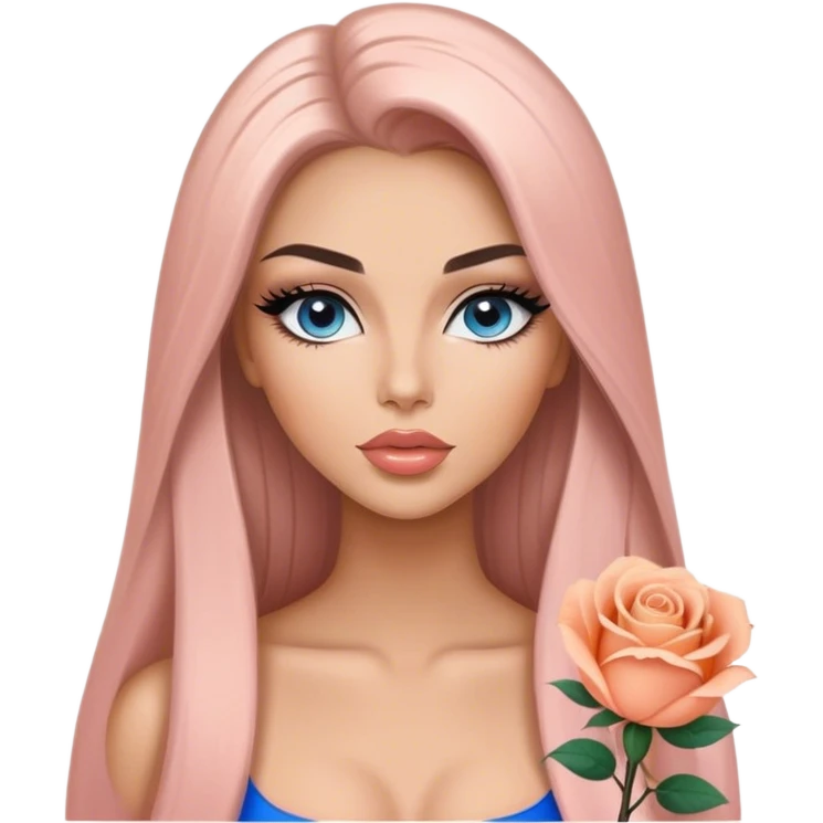 Glamours, tanned, very beautiful girl, with big pump peach-beige-rose lips, long long lashes, black straight smooth silky long hair, straight parting hair, blue-grey eyes emoji