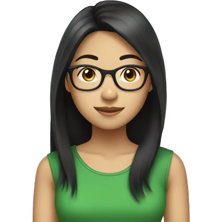 Asian girl with long black hair and glasses wearing green t-shirts emoji