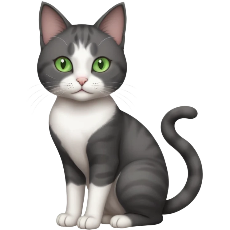 full body view of beautiful female solid dark grey cat with green eyes, white toes/paws and white patch on her chest emoji