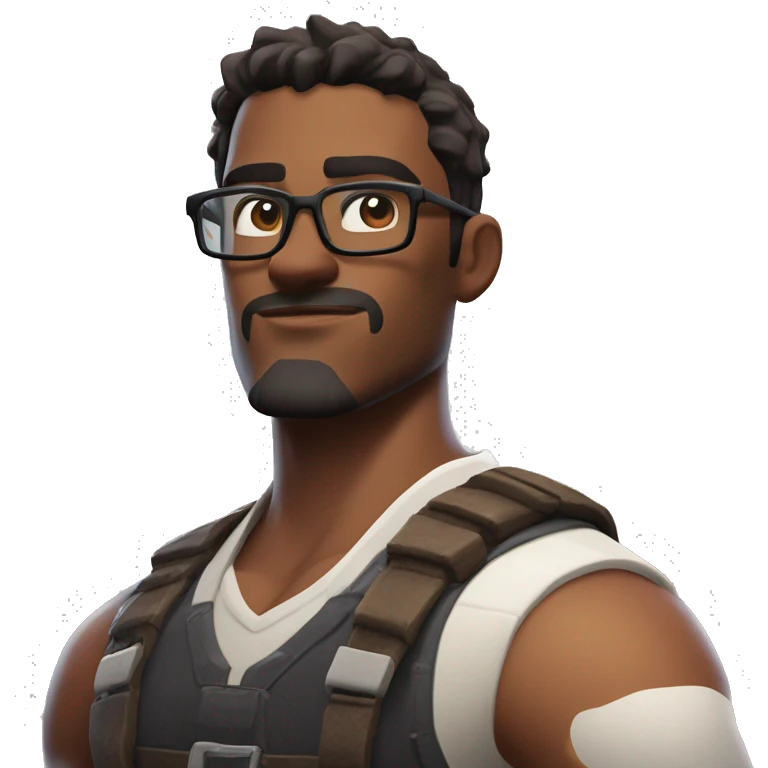  A tall, bespectacled, muscular and strong young man, deep-set eyes, round face, with dark brown hair and White skin tone, portrayed in the style of a Fortnite character rederend in the style of a fortnite charactere emoji