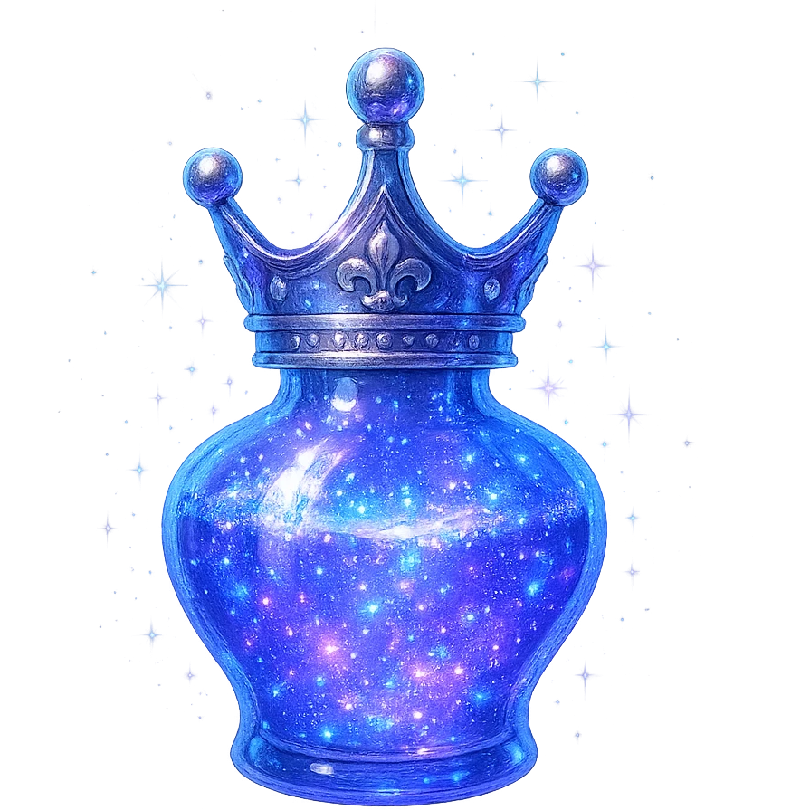 small crown-shaped luxurious elixir bottle, color #7986cb, iridescent and silver details, maximum intense magical glowing and sparkling effects, very small neck, seamless bottom, transparent background, floating, no base or shadow, modern, matching a collection emoji