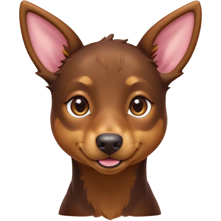 Cinematic Cute Brown and Tan Kelpie Portrait Emoji, Head tilted playfully and inquisitively, featuring a glossy brown Fur with vibrant tan accents, round, sparkling warm eyes filled with curiosity, Simplified yet irresistibly adorable features, highly detailed, glowing with a warm, friendly glow, high shine, affectionate and spirited, stylized with a touch of whimsy, bright and endearing, soft glowing outline, capturing the essence of a mischievous yet loving herder, so playful it feels like it could leap out of the screen and into your arms! emoji