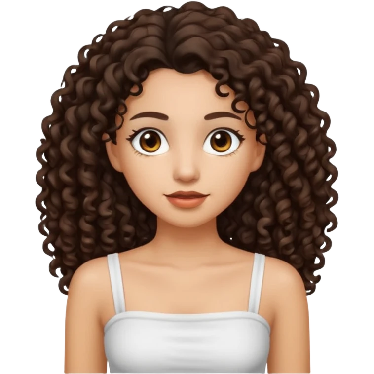 Woman with light skin and dark brown eyes and dark brown long curly hair and white tube top emoji