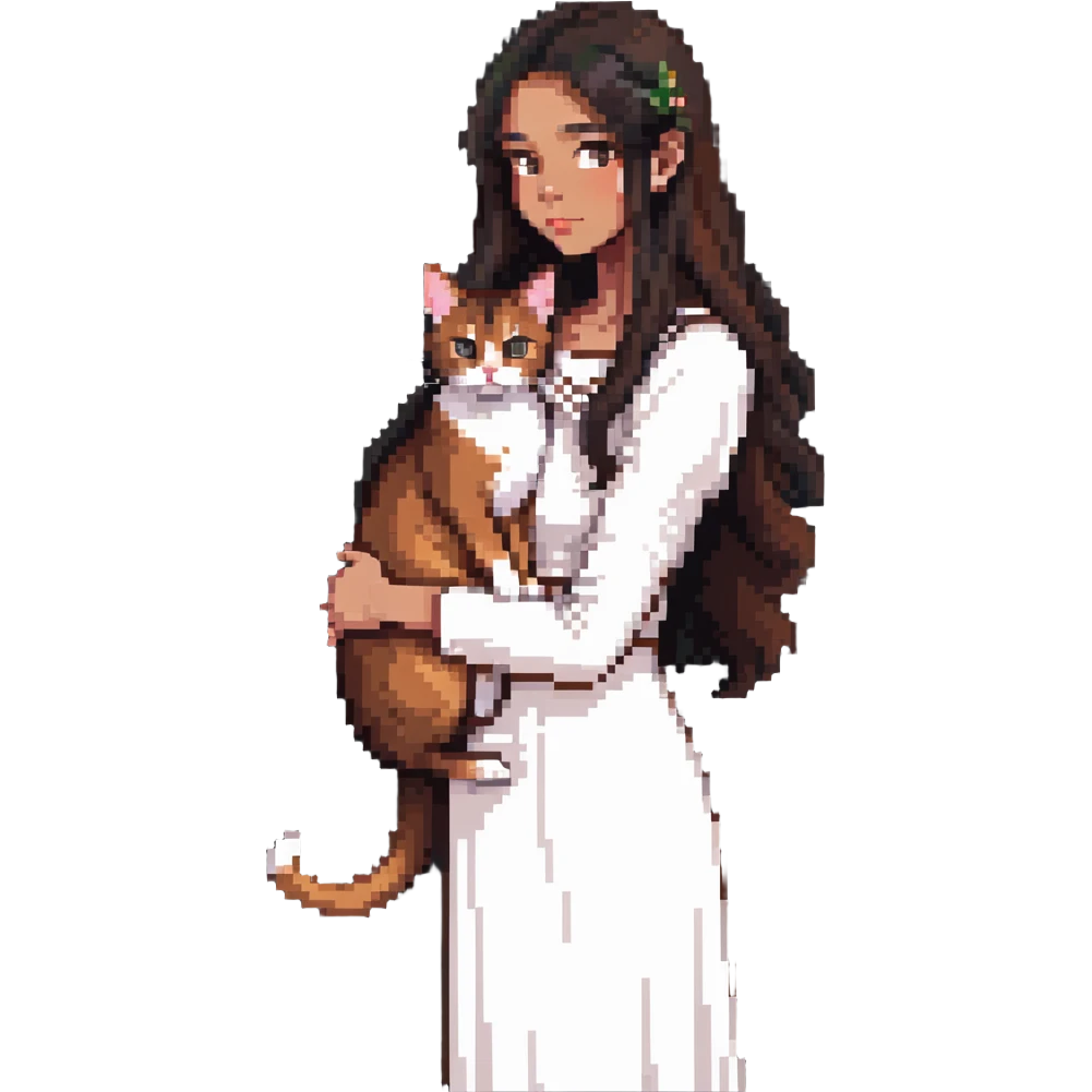 beautiful girl with long black hair wearing a white dress holding an Abyssinian cat with reddish-brown fur in her arms emoji