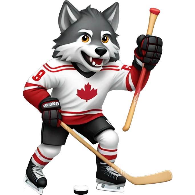 A wolf in a red black and white hockey uniform with a wolf emblem is playing hockey emoji